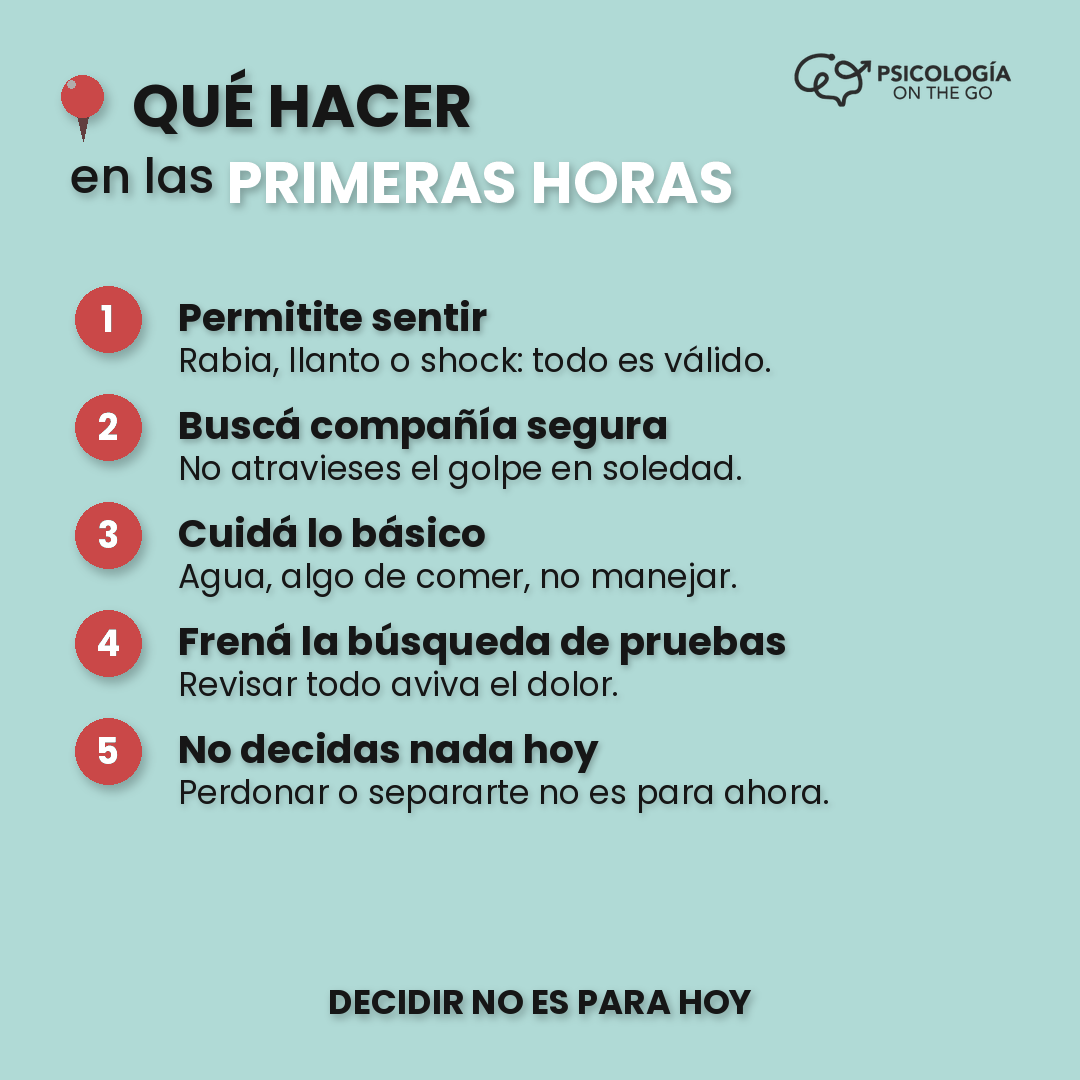 Infografía: qué hacer en las primeras horas tras descubrir una infidelidad — 5 pasos para no decidir en caliente